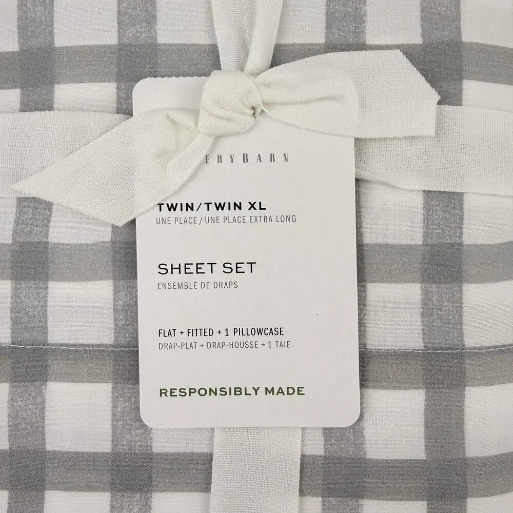 Pottery Barn Sheet Set TWIN/TWIN XL Kipton Plaid Gray Check Cotton Bedding NEW